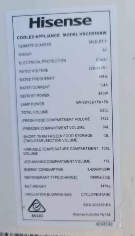 Hisense 4 Door Ice/Water Black Fridge 585L