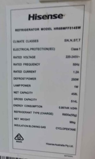 Hisense w/water 514L fridge freezer