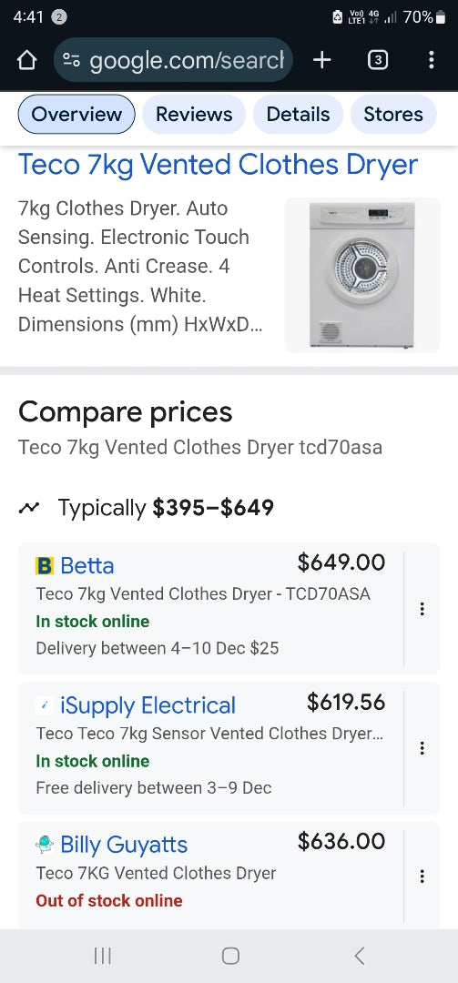 Near new Teco Dryer 7kg