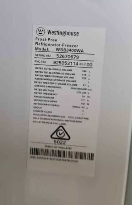 Westinghouse 340L Bottom Mount Fridge