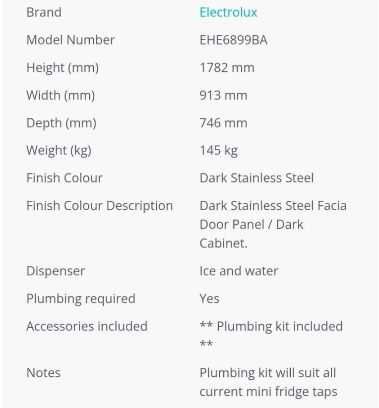 Electrolux 689L Ice/Water Plumbed Fridge Freezer