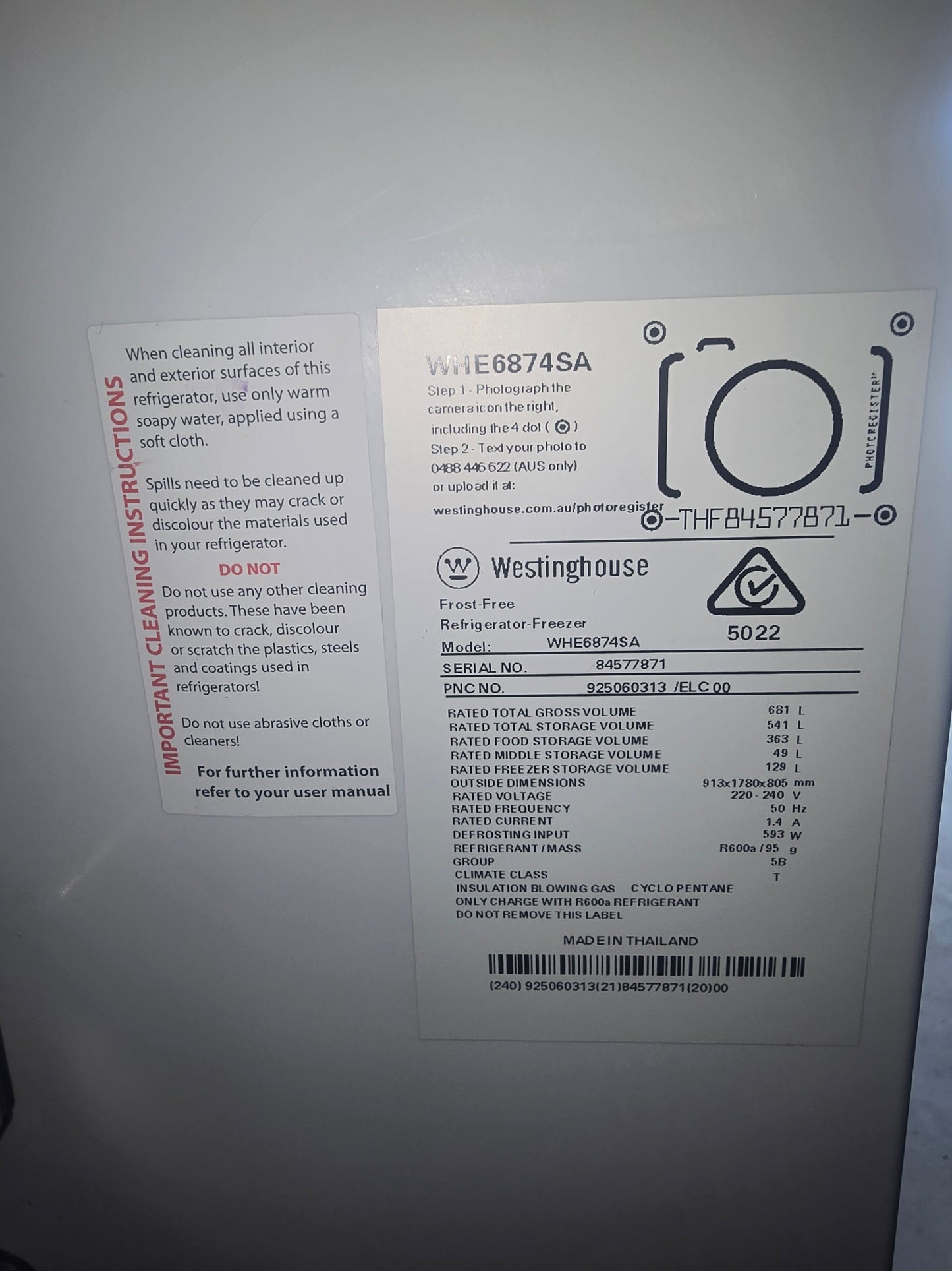 Westinghouse 681L Ice/ Water Fridge