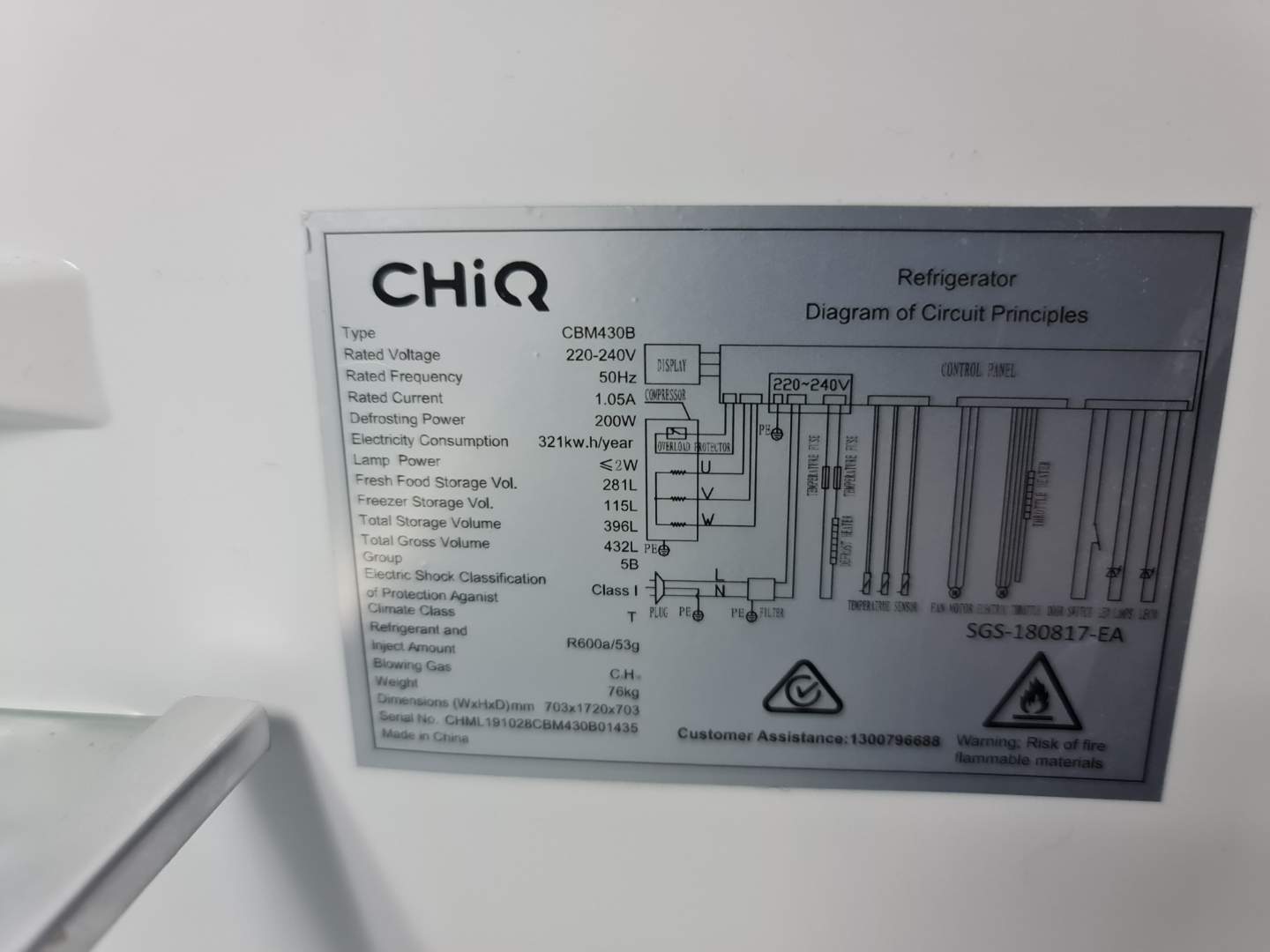 Chiq 432L Black Bottom Mount Fridge